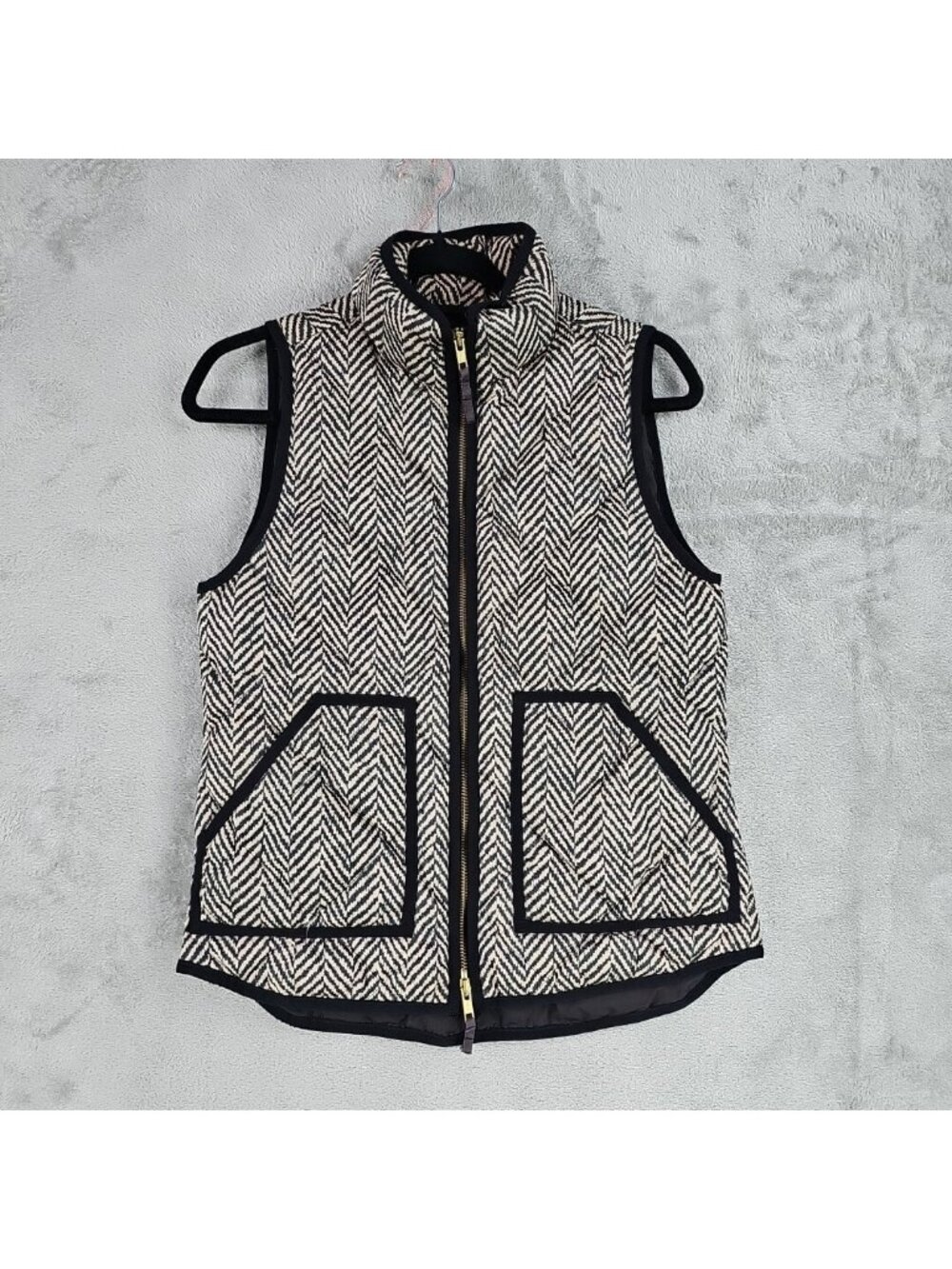 J.Crew Vest Womens XS Black Herringbone Quilted Down Puffer Zip Pockets Tweed